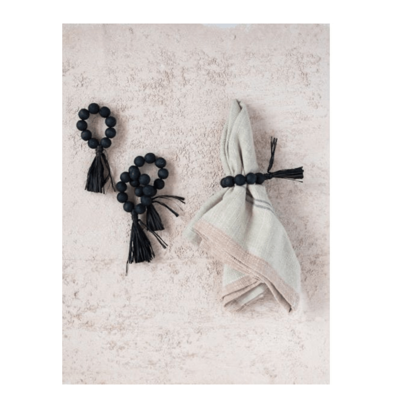 Black Wood Bead Napkin Rings with Raffia Tassel (Set of 4) - LC Design Co. Shoppe
