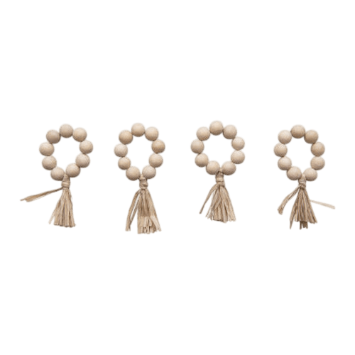 White Wood Bead Napkin Rings with Raffia Tassel (Set of 4) - LC Design Co. Shoppe