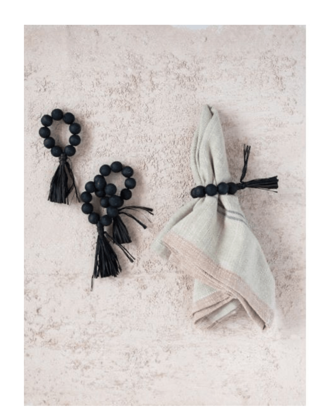 Black Wood Bead Napkin Rings with Raffia Tassel (Set of 4) - LC Design Co. Shoppe
