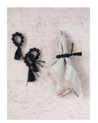 Black Wood Bead Napkin Rings with Raffia Tassel (Set of 4) - LC Design Co. Shoppe