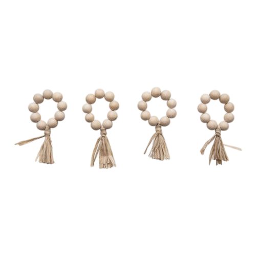 White Wood Bead Napkin Rings with Raffia Tassel (Set of 4)